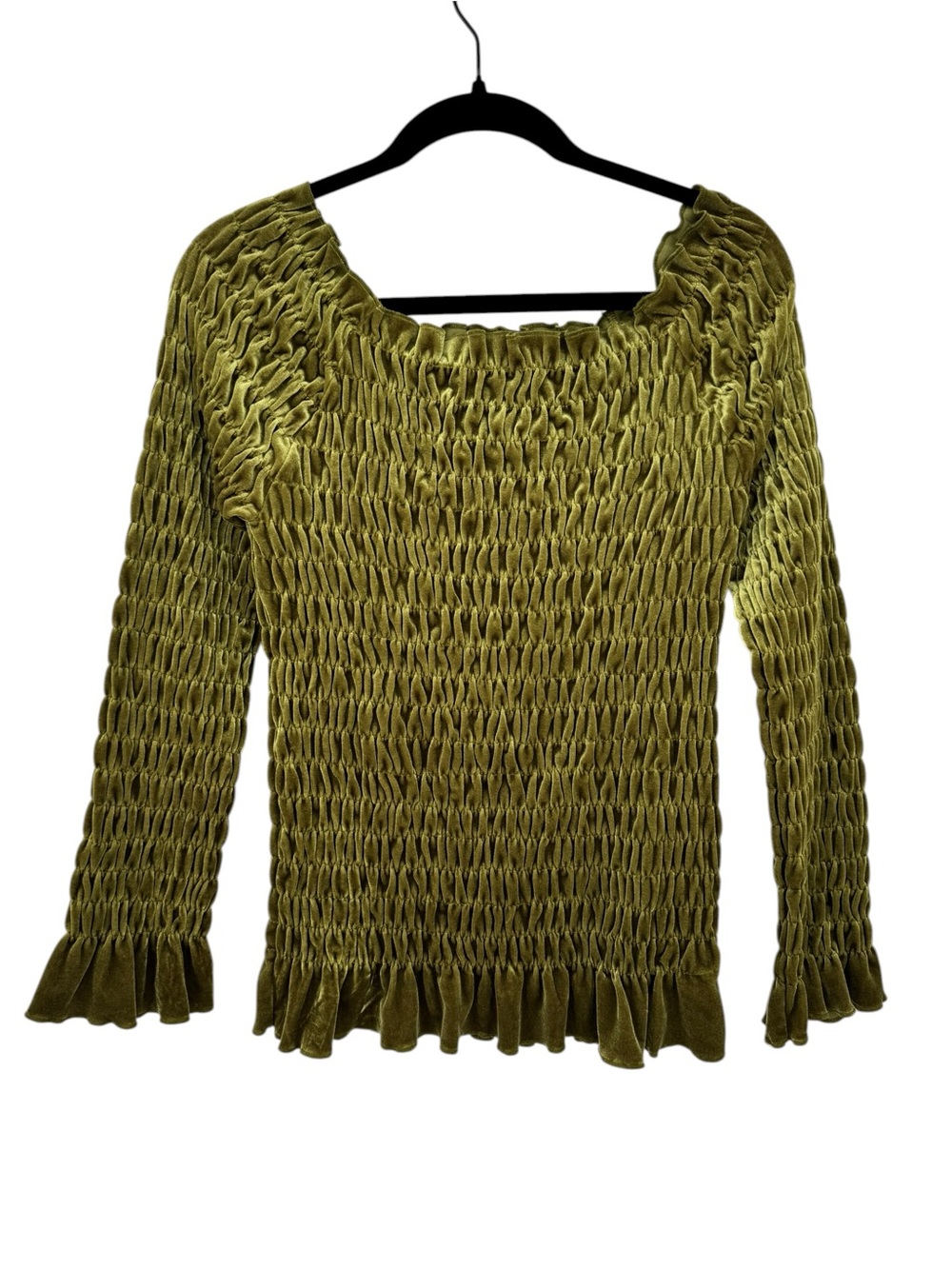 Forenza Vintage Smocked Velvet Off the Shoulder Top Olive Green Long Sleeve S